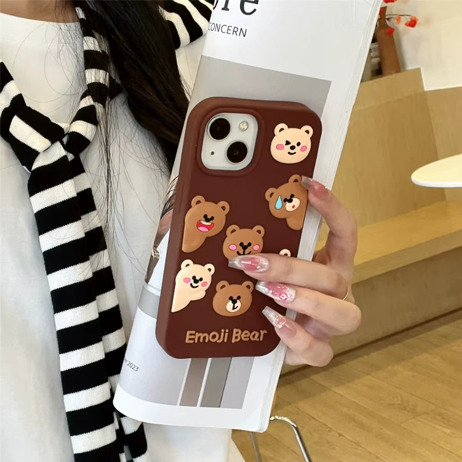 Niedliche 3D-Bär Handyhülle aus weichem Silikon für iPhone 12 bis iPhone 17 Pro Max, stoßfest, Farbe: Braun - Bild 2