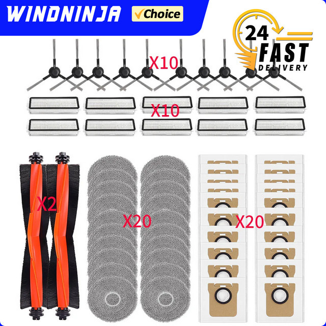WINDNINJA Ersatzteil-Set für Xiaomi Mijia M30 D102 X20 Pro D102GL X20 Max D109GL mit Staubbeuteln, Hauptbürste, Seitenbürsten, Filtern und Wischpads, Multicolor - Bild 1