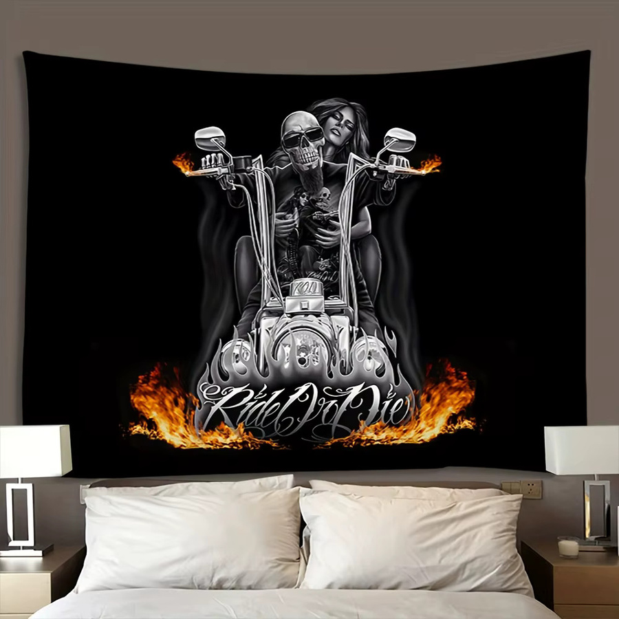 VIKAMA Skull Knight Motorrad Wandteppich mit Flammen-Motiv in Multicolour, Retro Industriestil, Breite: 60 cm, Höhe: 40 cm - Bild 2