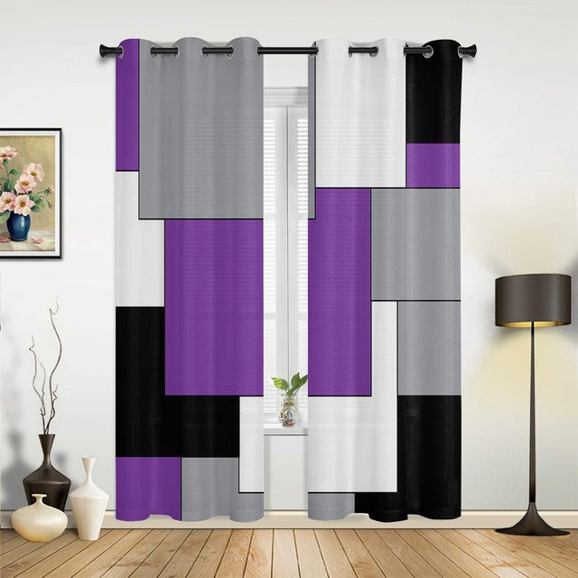 Abstrakte Patchwork Vorhänge im mittelalterlichen Stil, Gelb Grau Schwarz, halbtransparent, Breite: 135 cm, Höhe: 60 cm - Bild 1