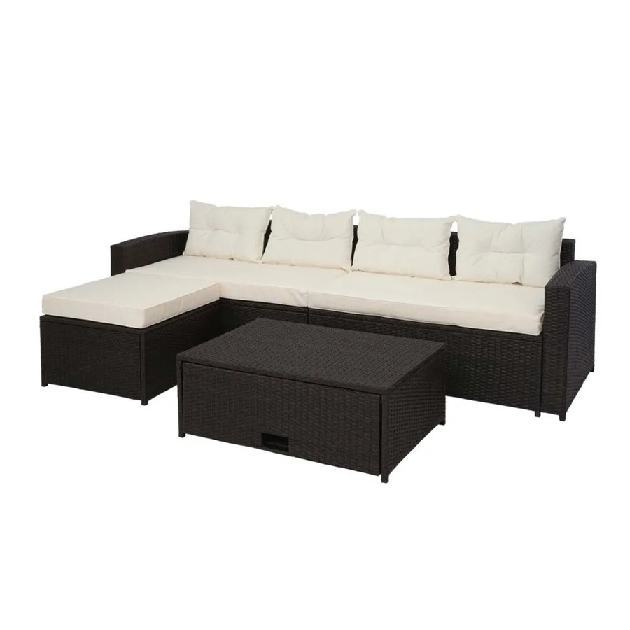 MCW Poly-Rattan Lounge-Set J34 4-teilig in Braun mit Creme-Beigen Kissen und Staufach - Bild 2