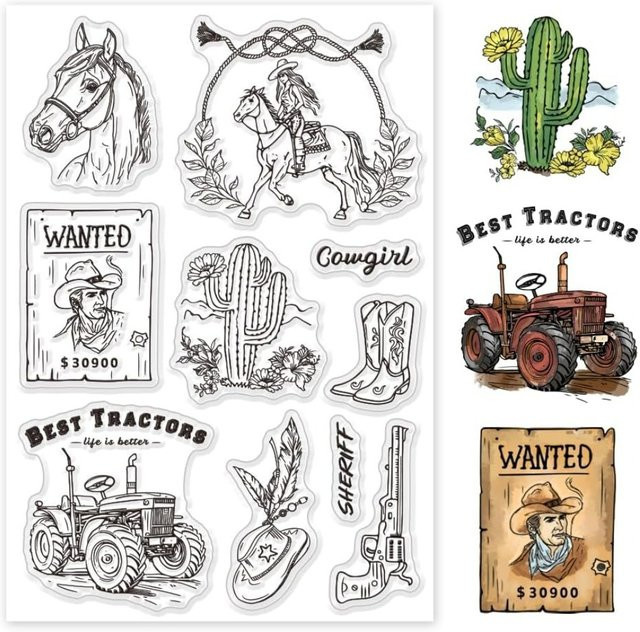 Transparente Silikonstempel Set mit Motiven wie Traktor, Cowboy, Cowgirl, Pferd und Kaktus für die Kartenherstellung und DIY-Projekte - Bild 1