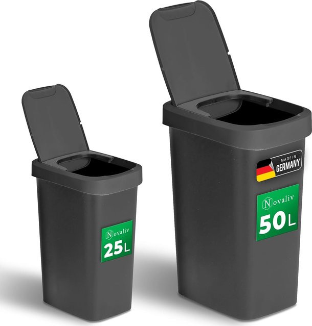 Novaliv Mülleimer-Set aus Kunststoff mit 2in1 Klappdeckel und Schwingdeckel, Schwarz, Volumen: 25 l und 50 l - Bild 1