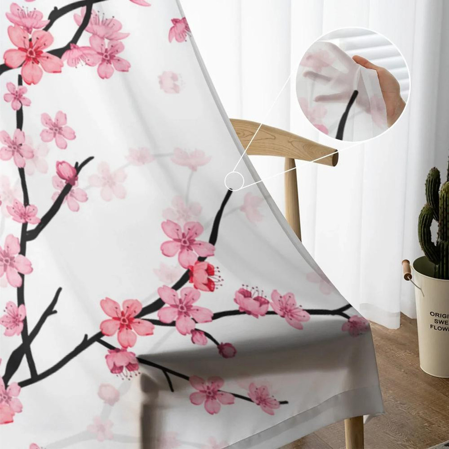 Yiran Furniture Transparenter Tüll-Vorhang mit Kirschblüten-Design in Weiß, Breite: 135 cm, Höhe: 115 cm - Bild 2