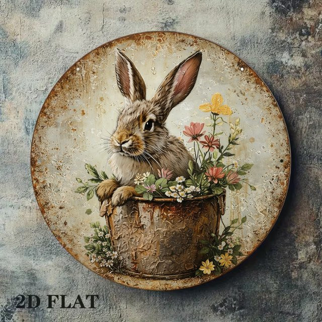 Rundes Metallschild Hello Young Vintage Kaninchen und Blumen Gartendekoration aus Aluminium, Durchmesser: 20,32 cm, Mehrfarbig - Bild 1