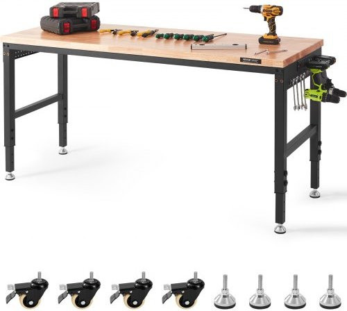 VEVOR verstellbare Werkbank mit Eichenholzplatte und Steckdosen, Farbe: Braun, B/T/H: 182,9 x 63,5 x 71,1–100,3 cm - Bild 1