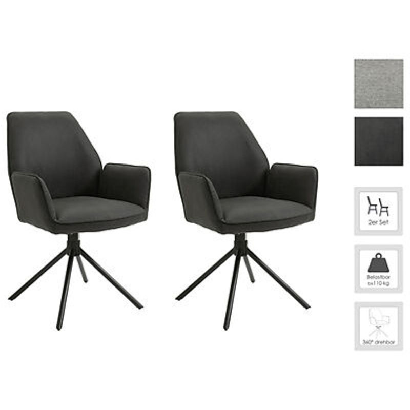 byLIVING BLAIR Stuhl 2er Set Vintage Anthrazit Schwarz mit Armlehnen aus Stoff und Metall B/H/T: 57 x 89 x 61 cm - Bild 2