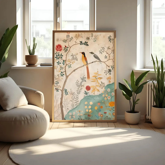 Vintage persisches Kunstposter mit traditionellem Vogel- und Blumendruck von WallStoryPrintsUK, botanische Wandillustration im Boho-Stil, mehrfarbig - Bild 1