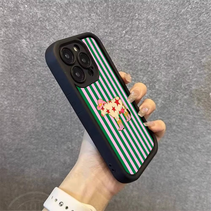 Niedliche Silikon-Handyhülle mit grün-weißem Karomuster und Tier-Design für Apple iPhone 11 bis iPhone 17 Pro Max und 17 Air - Bild 1