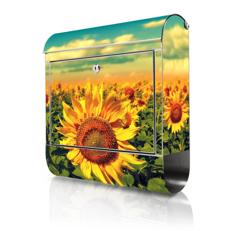 banjado Edelstahl Briefkasten mit Zeitungsfach und Sonnenblumen Motiv, Wandbriefkasten bunt, B/T/H: 38 x 12,5 x 43 cm - Bild 1
