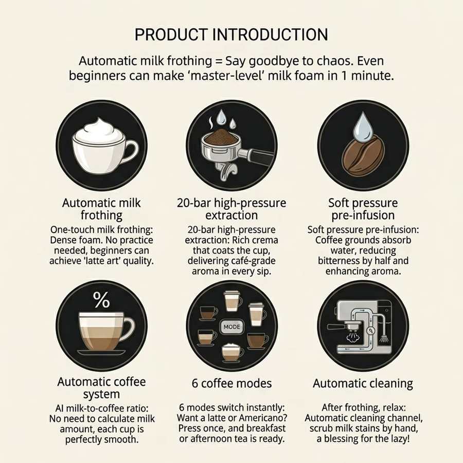 Podofo Espressomaschine mit 20 Bar und 1350W, All-in-One Kaffeemaschine mit integriertem Milchaufschäumsystem und Cold Brew Funktion, erhältlich in Weiß oder Schwarz - Bild 6
