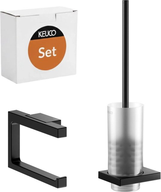 Keuco Edition 11 WC-Papierhalter und Bürstengarnitur aus Metall und Glas in Schwarz-Matt, Wandmontage, B/T/H: 86,0 x 105,0 x 1,0 cm - Bild 1