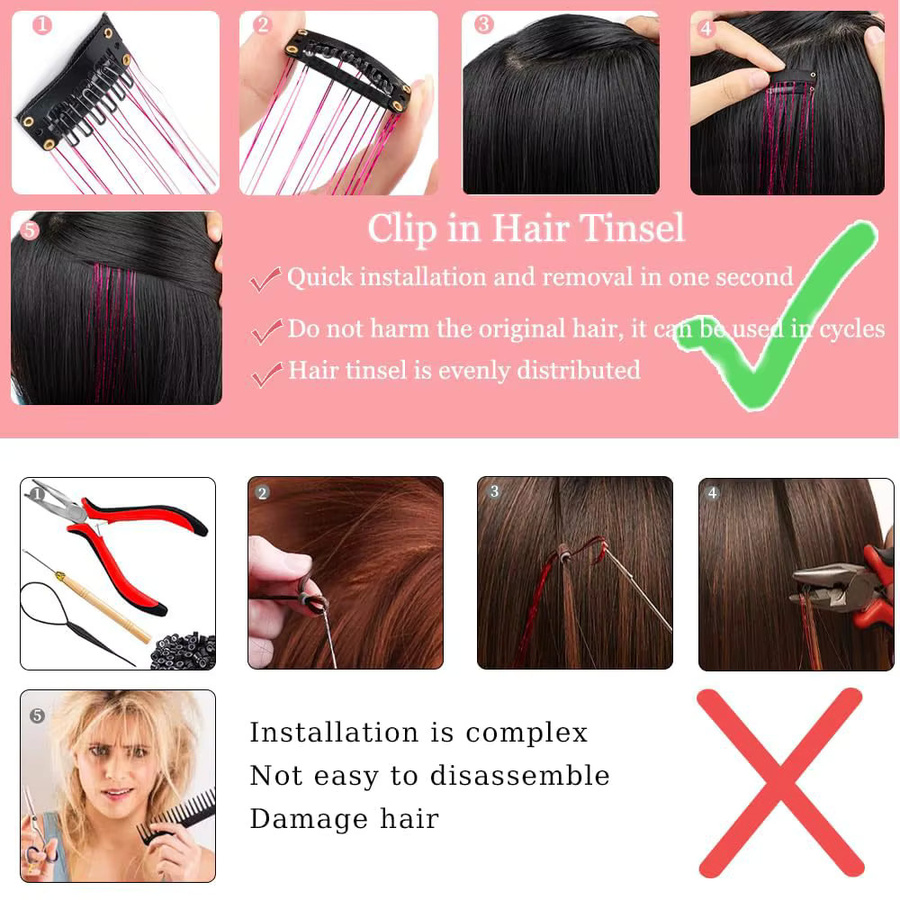 Refeeny Clip-in-Haar-Lametta-Erweiterungen, synthetisch, 20 Zoll, Frauen, Mädchen, Kinder - Bild 5