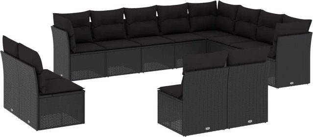 vidaXL 12-tlg. Garten-Sofagarnitur in L-Form aus Polyrattan mit Kissen und Stauraum, Schwarz - Bild 1