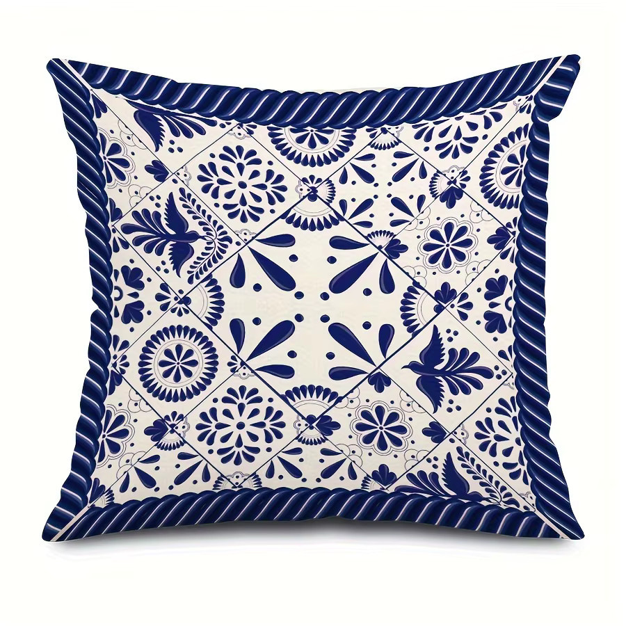 VIKAMA Kissenbezug im Porzellan-Stil, Blau und Weiß, Skandinavischer Stil, quadratisch, 30 x 30 cm - Bild 2