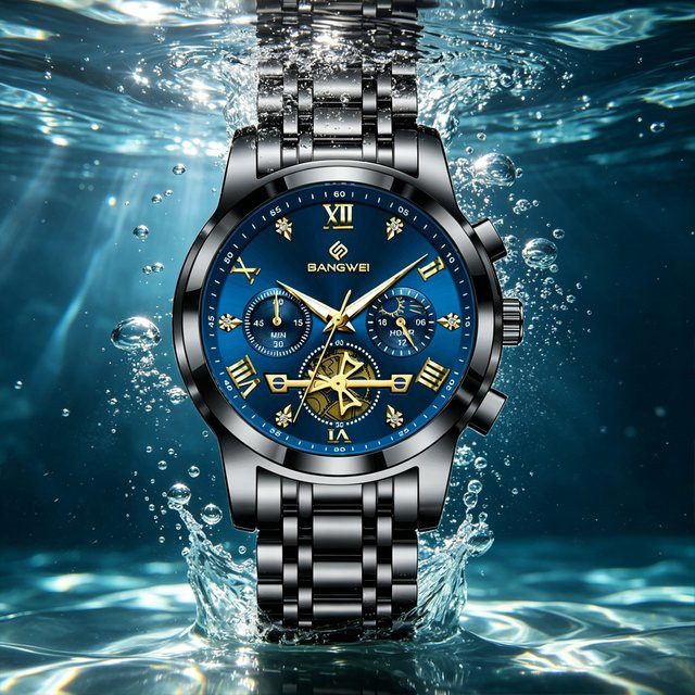 BANGWEI Armbanduhr Chronograph, Quarz, Edelstahl, Blau, Herren - Bild 1