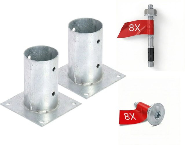 HOLLMAX Pfostenträger Aufschraubhülse Komplettset für Rundholzpfosten 80 mm, 2 Stück, verzinkt, Silber - Bild 1