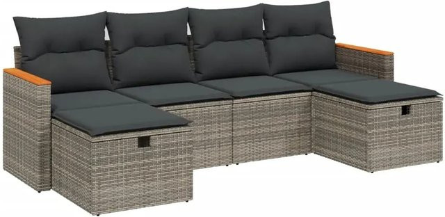 vidaXL 6-teilige Garten-Sofagarnitur in L-Form aus Poly Rattan und Metall, Grau, inklusive Kissen und Ottoman - Bild 1