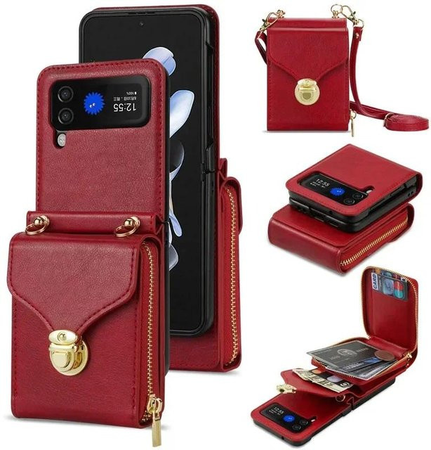 Leder Lanyard Handyhülle mit Geldbörse und Kartenfach für Samsung Galaxy Z Flip 6 5 4 3 in Schwarz - Bild 1