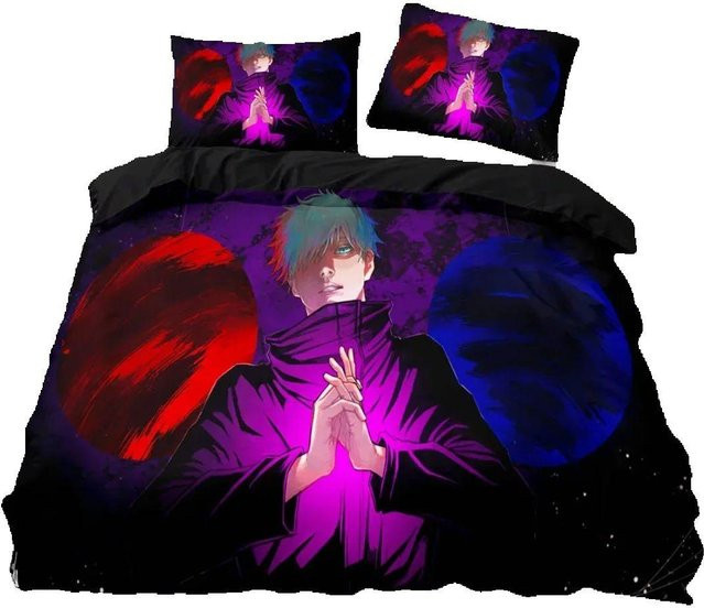 Jujutsu Kaisen Bettwäsche-Set mit Satoru Gojo Motiv, Deckenbezug und Kissenbezüge, Schwarz, B/H: 135 x 200 cm - Bild 1