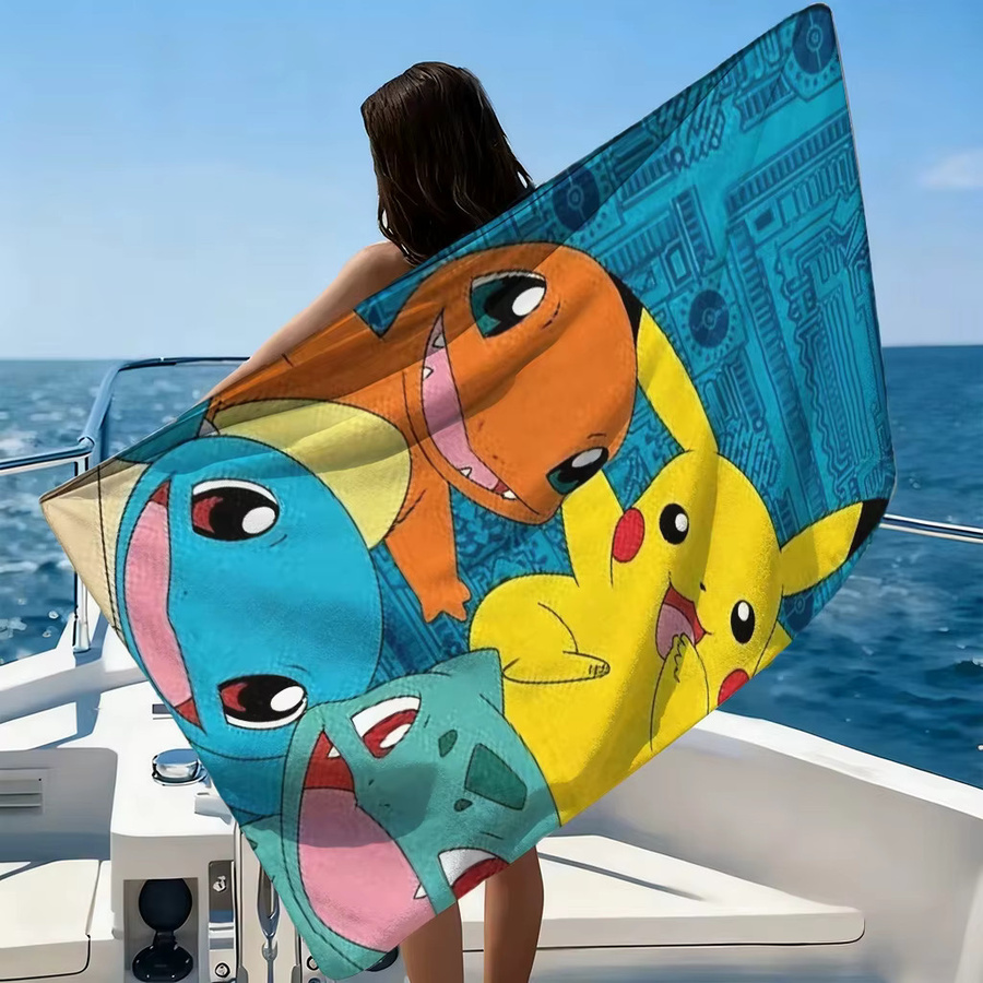 Potdemiel Sky Pokemon Strandtuch für Kinder aus Mikrofaser mit Pikachu- und Starter-Print, schnelltrocknend, Multicolour - Bild 2