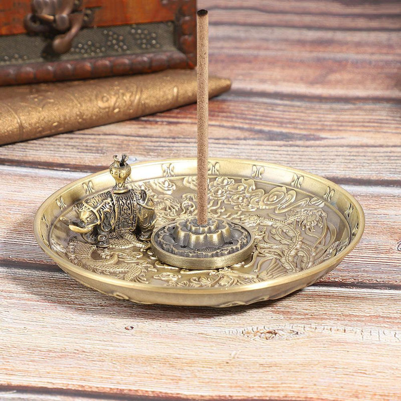 Tooarts Räuchergefäß Drache und Phönix in Gold, Vintage Metall Stäbchenhalter mit Lotus und Elefant für die Heimverehrung, Durchmesser: 10,8 cm, Höhe: 1,8 cm - Bild 6