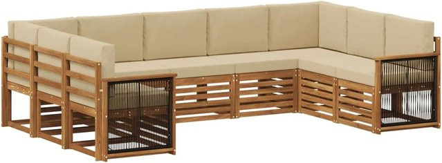 vidaXL Ecksofa Set aus massivem Akazienholz in Natur mit wetterfesten Polyester-Kissen in Beige - Bild 1
