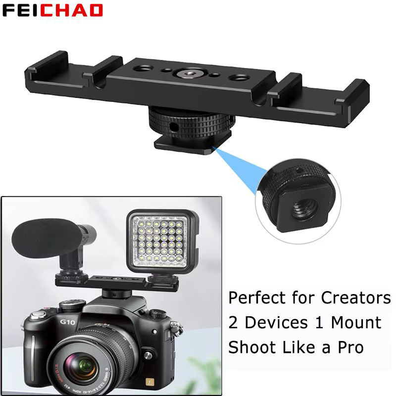 FEICHAO Dual Cold Shoe Halterung mit 1/4 ARRI Anschluss für Canon und Sony DSLR Kameras, Aluminium Expansion Bar, Schwarz - Bild 2