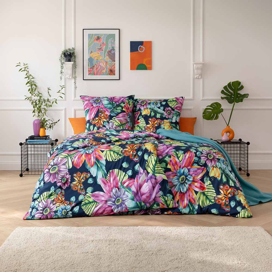 Estella Mako Jersey Bettwäsche Amarina indigo Flowerpower Blau B/H: 135 x 200 cm mit Kissen 80 x 80 cm - Bild 1