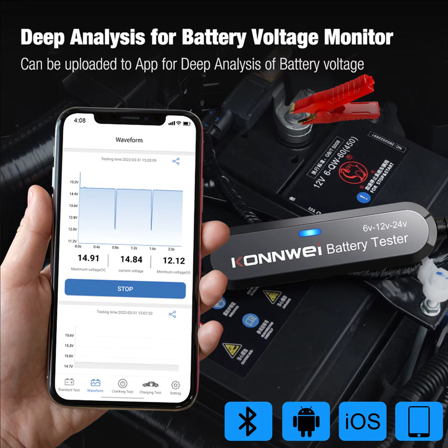 KONNWEI BK200 Bluetooth 5.0 Batterietester für Auto und Motorrad, Wellenformmonitor für 6V 12V 24V, Lade- und Starttestgerät mit 100-2000 CCA, Schwarz - Bild 3