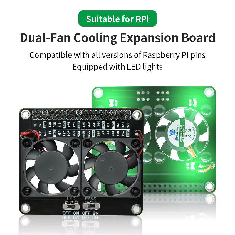 SHCHV Aktiver Kühler für Raspberry Pi 5, 4B, 3B+ mit Dual-Lüfter, GPIO-Erweiterungsplatine, EIN/AUS-Schalter und LED-Licht in Schwarz - Bild 2
