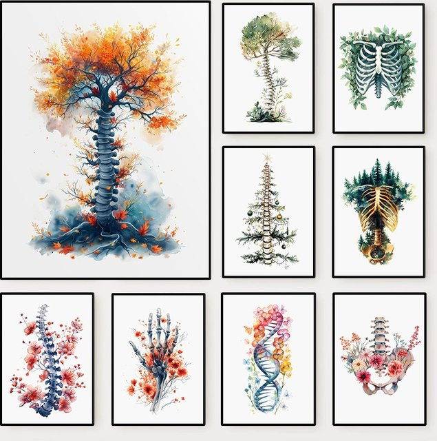 Blumiges Anatomie-Poster mit menschlichem Skelett als Aquarell-Leinwandgemälde von Potdemiel in Mehrfarbig - Bild 1