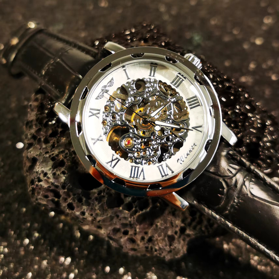 WINNER Armbanduhr, Mechanische Automatik, Leder, Herren, Weiß, Silber - Bild 4