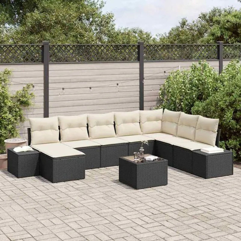 vidaxl Garten-Sofa-Set aus Polyrattan und Stahl, 9-teilige Loungemöbel in Schwarz und Beige, B/T/H: 319 x 209 x 85 cm - Bild 1