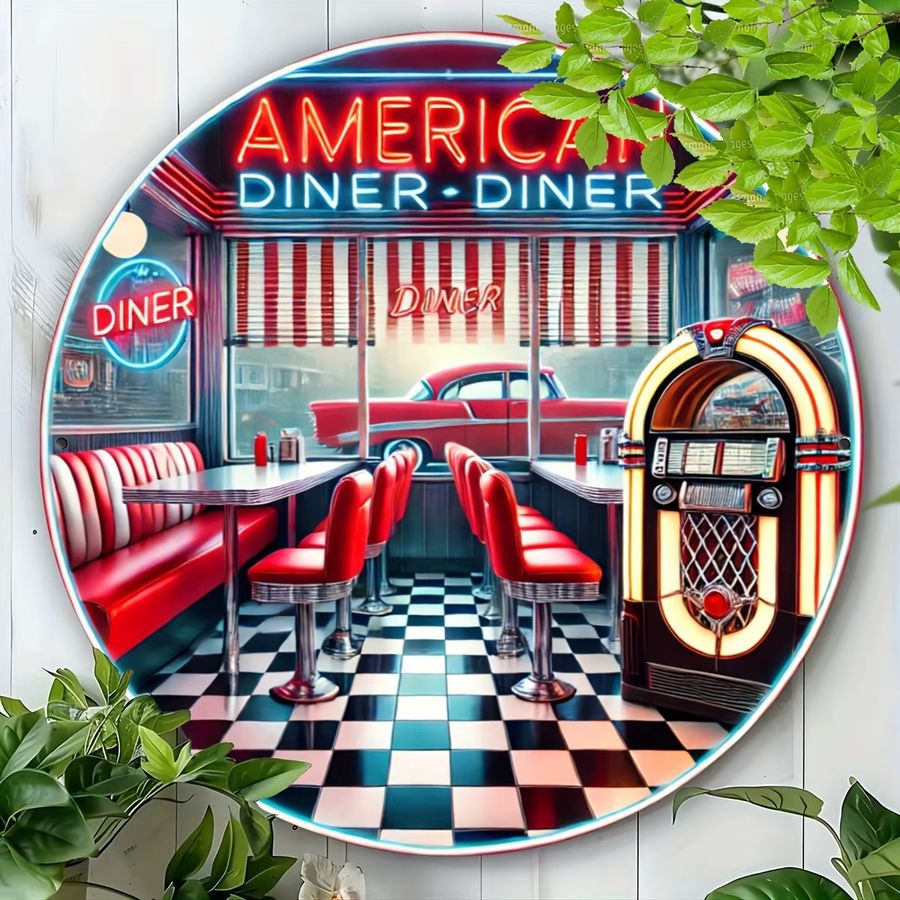 Potdemiel Retro-amerikanisches Restaurant-Blechschild aus Aluminium, rundes Wandkunst-Schild Durchmesser: 19,81 cm - Bild 3