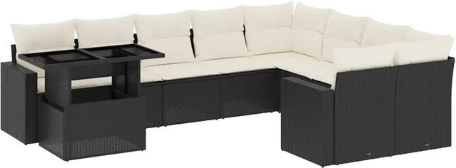 vidaXL 10-tlg. Garten-Sofagarnitur in L-Form aus Poly-Rattan und pulverbeschichtetem Stahl mit Kissen in Schwarz - Bild 1