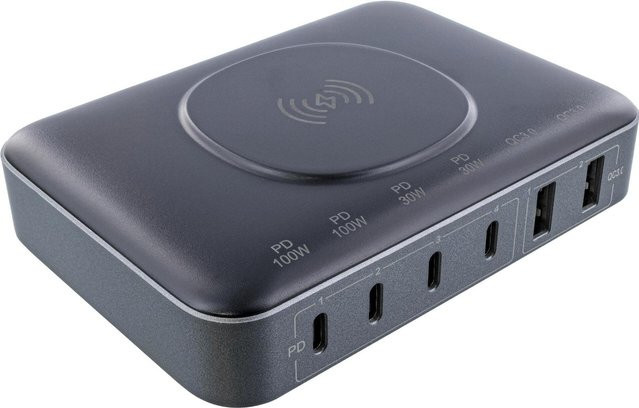 InLine Qi Powerstation Multiport Ladegerät mit GaN Technologie, 100W, 4x USB Typ-C, 2x USB Typ-A und 15W Wireless Charging, schwarz (31517K) - Bild 1