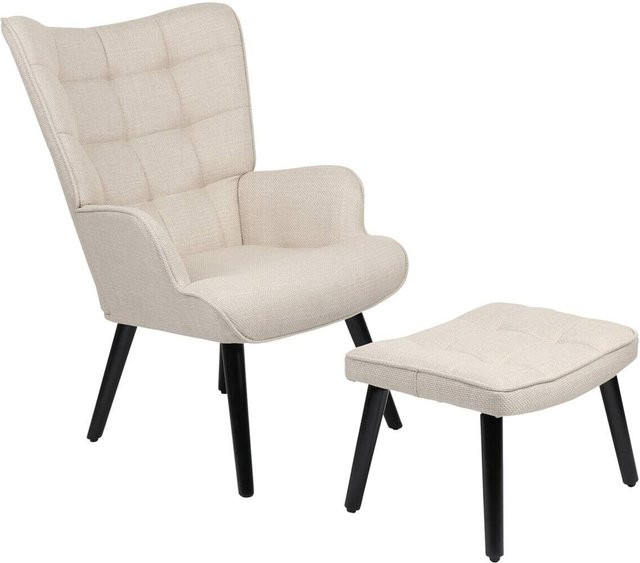 Sessel Hela beige Webstoff mit Ottoman und Massivholzrahmen, Breite: 68 cm, Höhe: 97 cm, Tiefe: 75 cm - Bild 1
