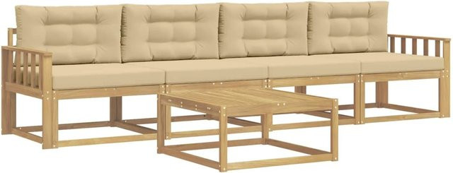 vidaXL Outdoor-Sofagarnitur aus Akazienholz mit 3-Sitzer-Sofa, Couchtisch und Kissen in Weiß und Beige - Bild 1
