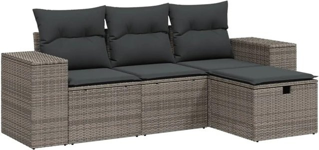 vidaXL 4-tlg. Garten-Sofagarnitur in L-Form mit Polsterkissen, Grau, Poly-Rattan und Metallgestell - Bild 1