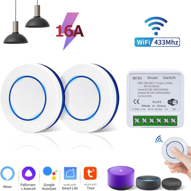 Tuya Smart Switch Ammtoo WiFi und RF433 Mini Relais Empfänger mit Wireless Panel Schalter in Weiß für LED Lampen, kompatibel mit Alexa und Google Assistant - Bild 1