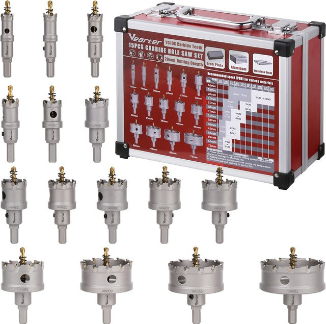 Vearter 15-teiliges Hartmetall-Lochsägen-Set aus Stahl, TCT-Bohrer für Metall, Edelstahl, Gusseisen und Aluminium, Farbe Silber, Durchmesser 16–75 mm - Bild 1