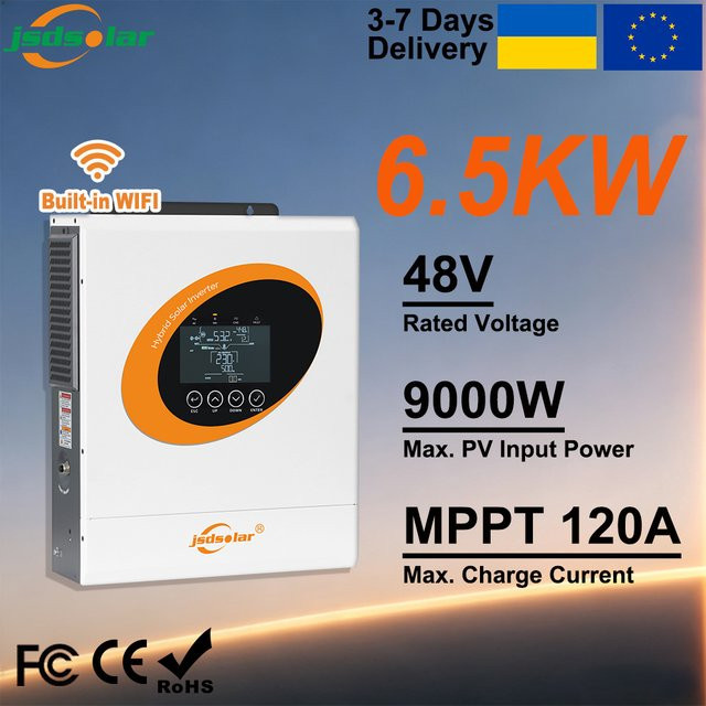 Jsdsolar Hybrid-Solarwechselrichter 6,5 kW 230 V mit 120 A MPPT-Solarregler, 48 V On-Off-Grid-System, reine Sinuswelle, WiFi und BMS, Farbe: Weiß - Bild 1