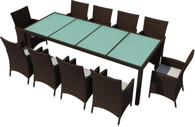 vidaXL 11-tlg Garten-Essgruppe aus Poly Rattan in Braun mit Glasplatte und wetterfesten Auflagen - Bild 1