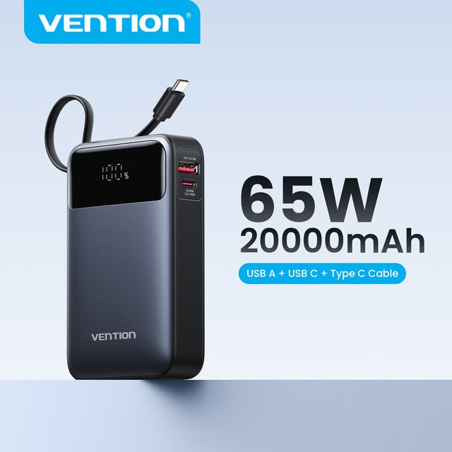 Vention Powerbank 20000mAh mit PD 65W Schnellladung und eingebautem USB-C-Kabel in Schwarz - Bild 1