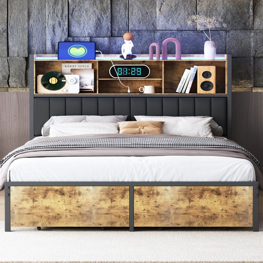 Creahappy Massivholzbett in dunklem Khaki mit gepolstertem Kopfteil, LED-Beleuchtung, USB-Buchse und Fußteil mit Doppelschubladen, B/T/H: 160 x 200 cm - Bild 2
