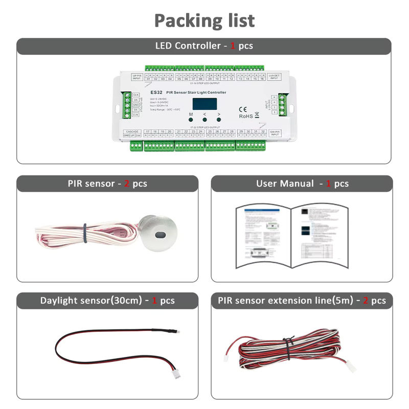 32CH ES32 PIR Treppenstufen-Licht-Controller mit LED-Bewegungsmelder und Nachtlicht, 12 V, Infrarot-induktiver Schalter für Treppen und LED-Streifen - Bild 3