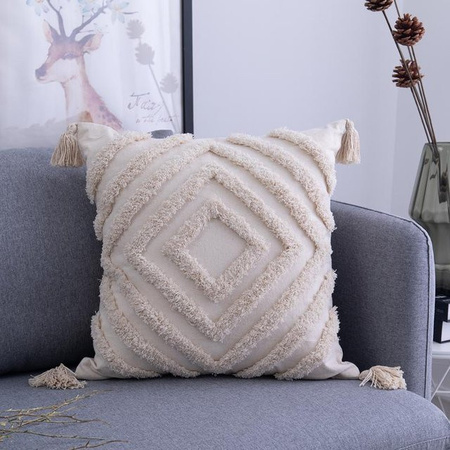 Handgefertigter Kissenbezug mit Bohemia-Quasten von Yiran Furniture in Beige, quadratisch, B/B: 45 x 45 cm
