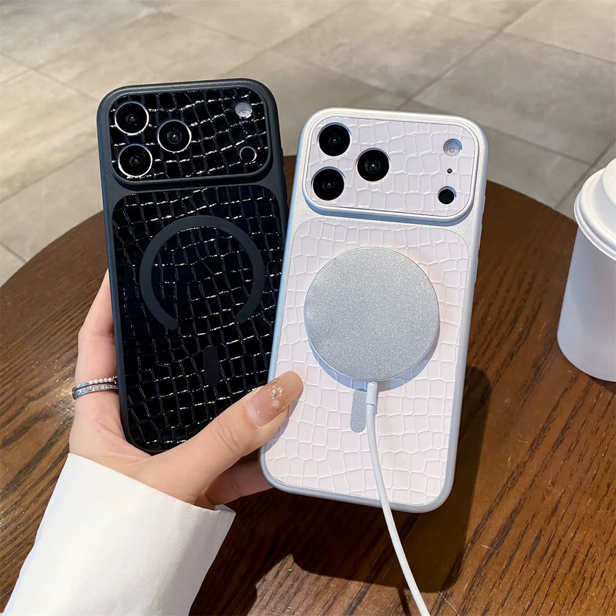 Magnetische Krokodilleder Handyhülle mit Fensterabdeckung für Apple iPhone 17, 16, 15, 14, 13 Pro Max in Grau mit MagSafe Kompatibilität - Bild 1