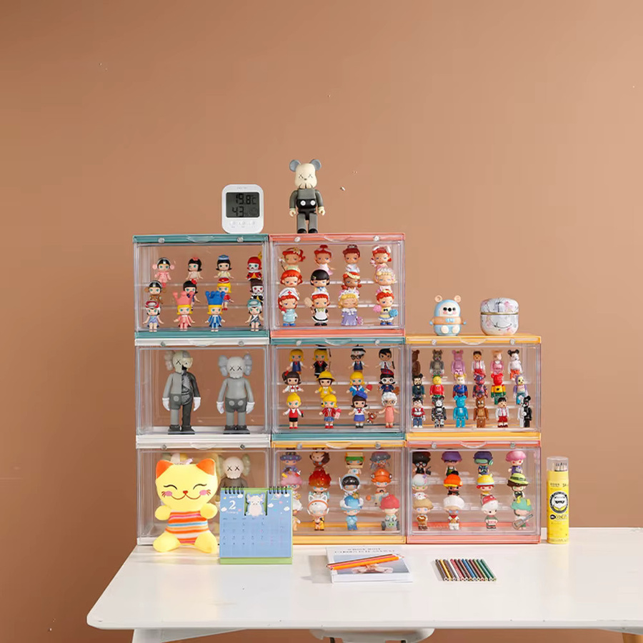 Staubdichte Acryl Vitrine für Blind Box Figuren und Puppen Modelle, Transparent/Gelb, Rechteckiges Display Rack aus Kunststoff - Bild 2